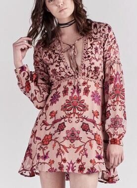 For Love & Lemons Saffron Silk Satin Floral Burnout Mini Dress Sunset Pink Small